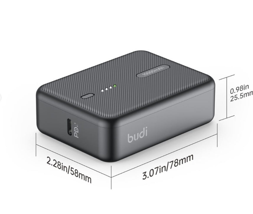 Budi Super mini Power bank Specifications: - Capacity: 10000mAh - Type-C : 22.5w PD port - USB A : 3.0 Quick Charge - Super mini & Light weight - Fast Charging