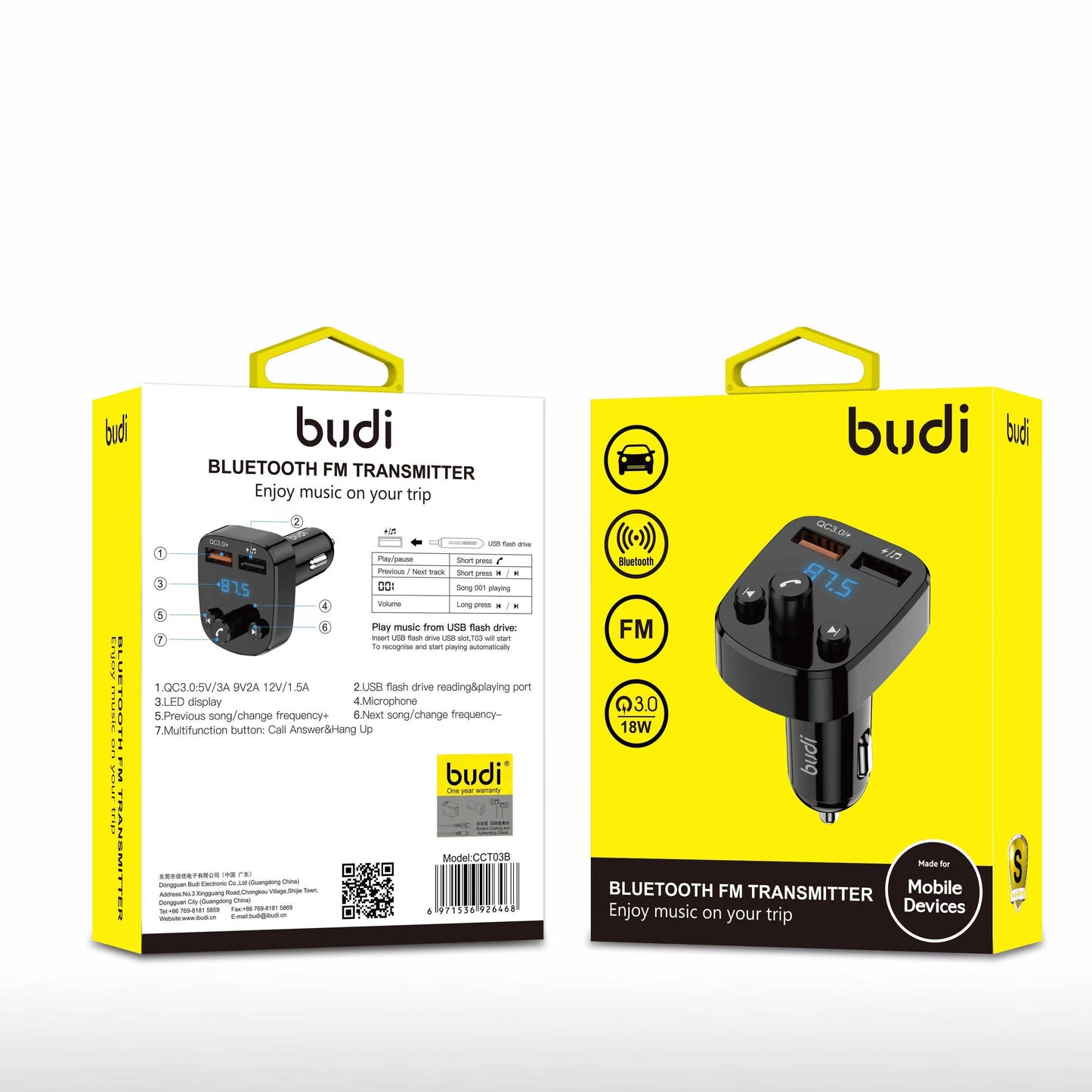 BUDI DUAL USB CAR FM TRANSMETTER WITH LED DISPLAY