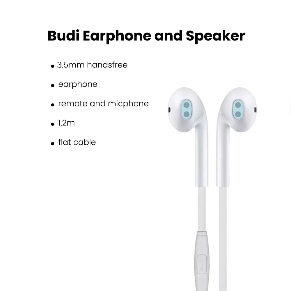 BUDI 3.5MM EARPHONE WITH REMOTE AND MIC IN WHITE AND BLACK COLOUR