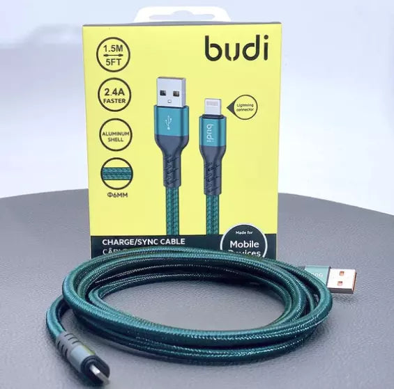 3A BUDI 1.5M USB TO LIGHTNING  Braided CHARGING AND SYNC CABLE IN GREEN COLOUR