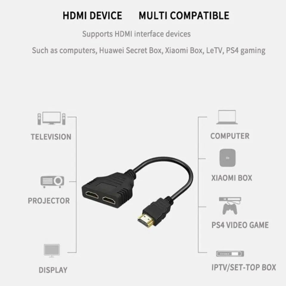 HDMI Splitter 1 In 2 Out Cable Adapter Converter 1080P Multi Display Duplicator